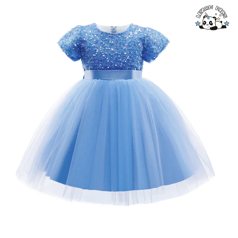LEZONKIDS - Children's Party Wedding Costume Summer Sequins Puff Sleeve Ball Gown Birthday Party Flower Girl Princess Dress
